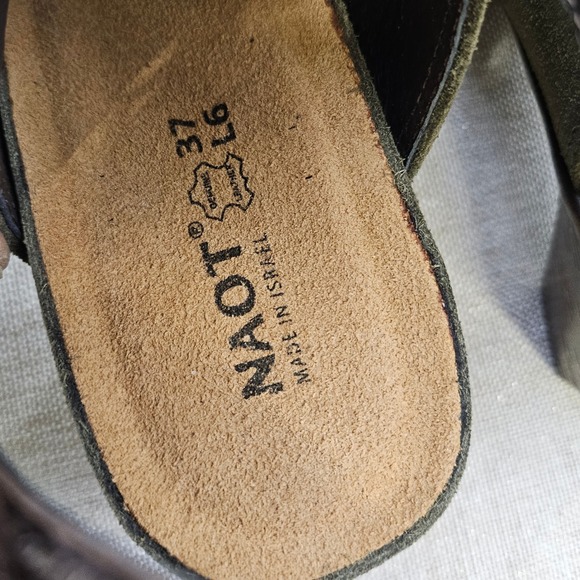 New NAOT Brushed Olive Suede Slingback Clogs 44131 Women's Size 37 Wooden Heel - Picture 5 of 11